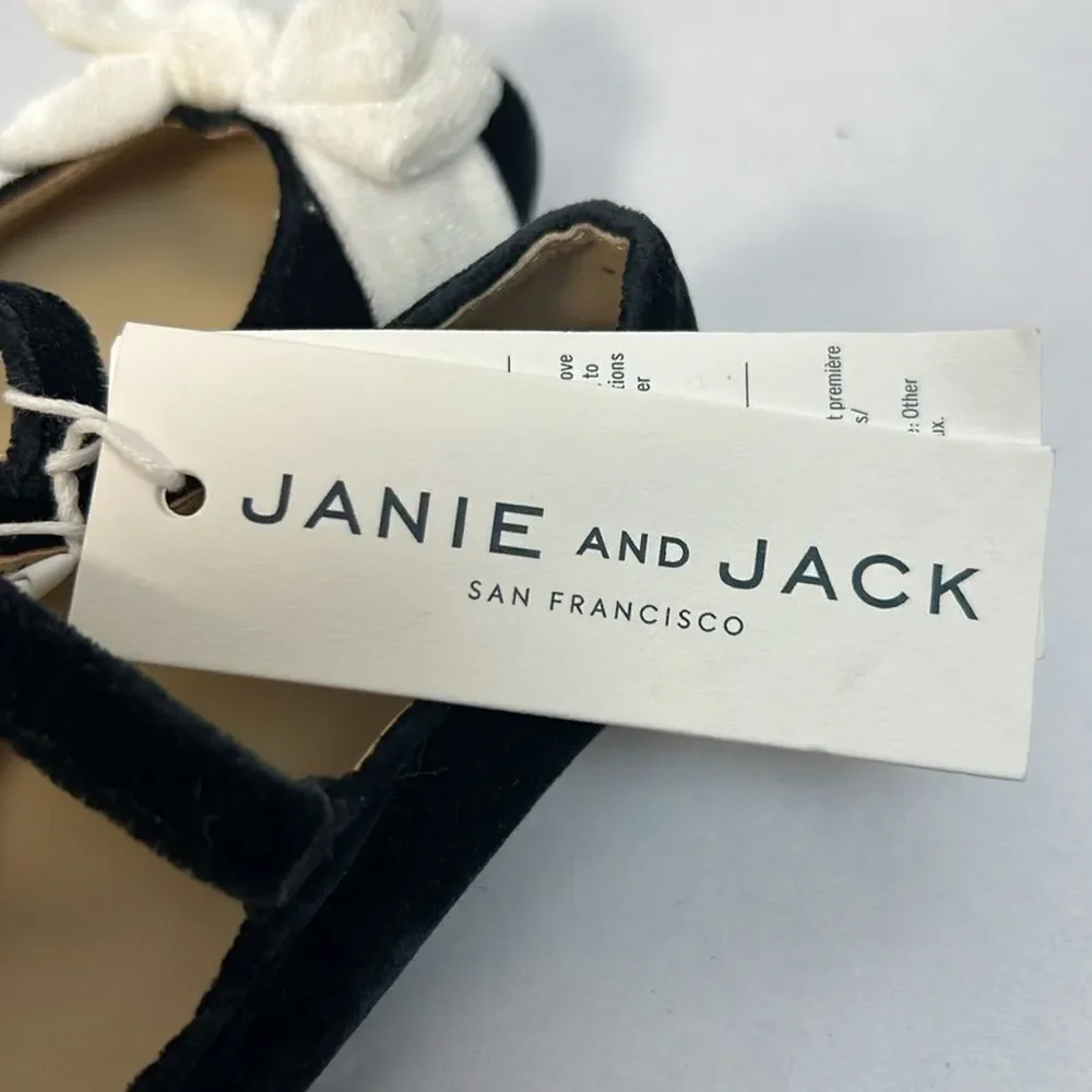 Janie and Jack 100048102 Velvet Bow Ballet Flat Black White Mary Jane NWT